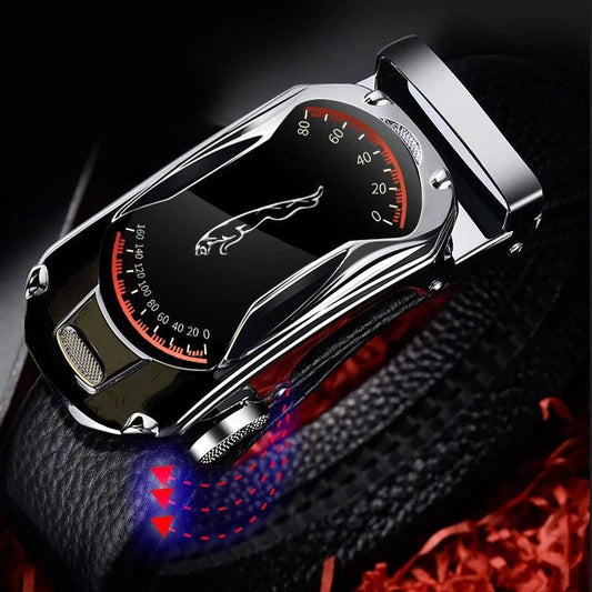 Mandotos black genuine leather belt for men with 3.5cm width, automatic buckle, suitable for sports cars and casual jeans.