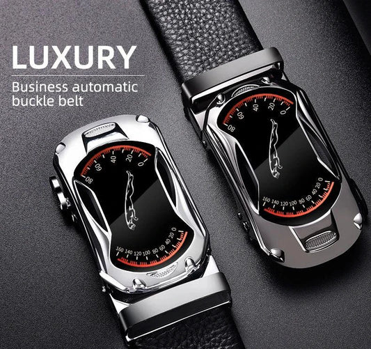 Mandotos black genuine leather men's belt with automatic buckle, 3.5cm width, ideal for jeans and sports car-inspired fashion.