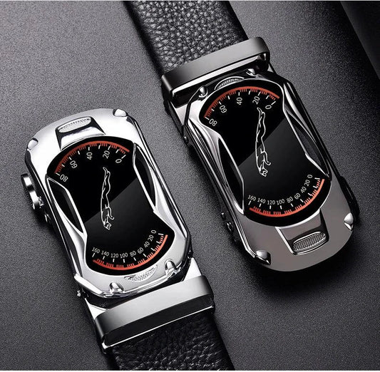 Black genuine leather belt with automatic buckle for men, 3.5cm width, sporty style, high-quality waist strap for jeans by MANDOTOS.