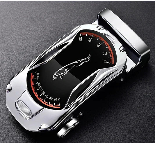 Black genuine leather men's belt with automatic buckle, 3.5cm width, suitable for jeans and sports car-inspired fashion by MANDOTOS.