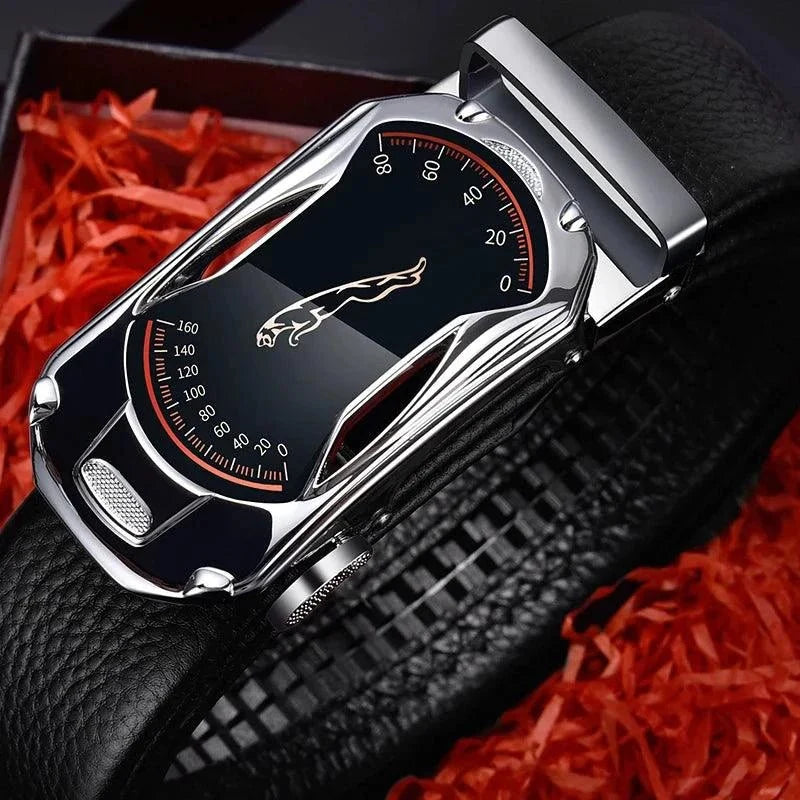 Black genuine leather men's belt with automatic buckle, 3.5cm width, high-quality fashion accessory for jeans and casual wear.