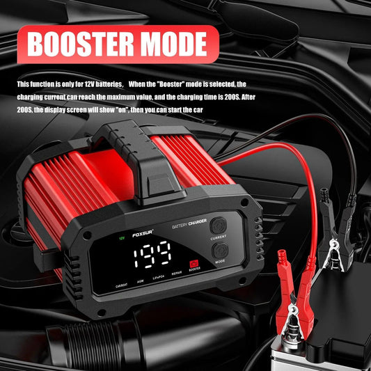 MANDOTOS portable smart car battery charger with 25A/15A output for 12V-24V batteries, pulse repair, suitable for AGM, GEL, and LiFePo4.