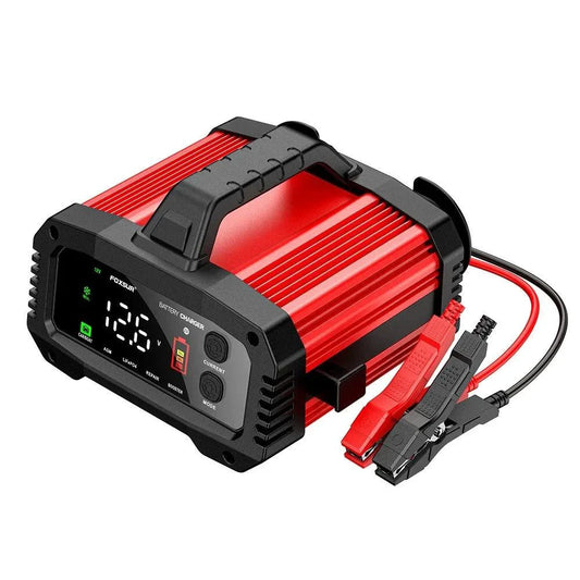 Mandotos portable smart car battery charger with 25A/15A output for 12V-24V batteries, pulse repair for AGM, GEL, and LiFePo4.