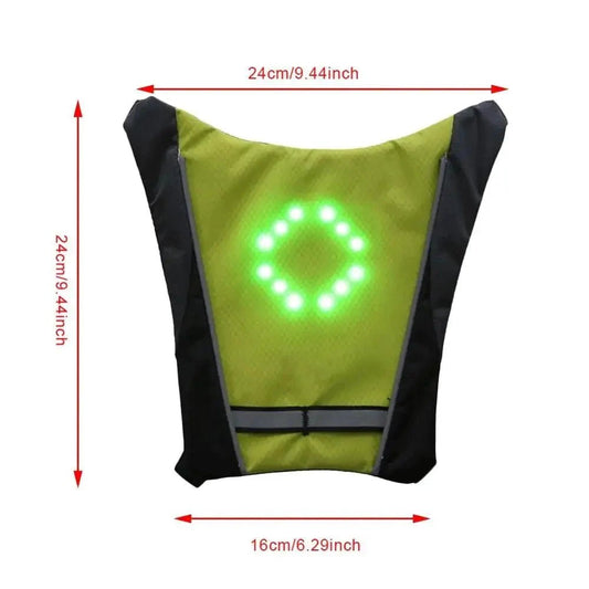 Mandotos BrightRide LED cycling vest with reflective strips and storage pocket, designed for visibility and convenience during bike rides.