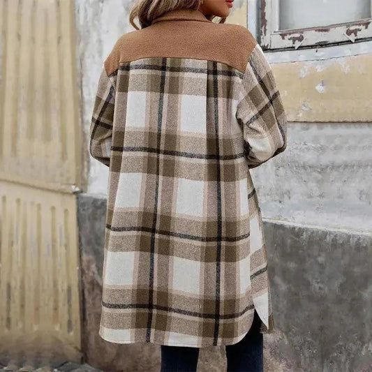 Brushed Plaid Long Coat with Pockets - Women's Winter Jacket - MANDOTOS