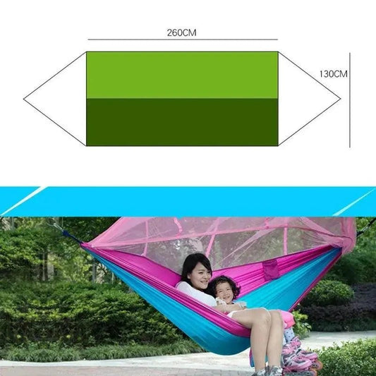 Mandotos bug-free camp hammock made of durable 210T nylon fabric, designed for insect-free outdoor relaxation.
