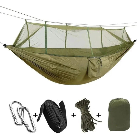 Mandotos Bug-Free Camp Hammock made of durable 210T nylon fabric, designed for outdoor comfort and insect protection.