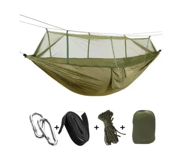 Mandotos Bug-Free Camp Hammock made of durable 210T nylon fabric with insect-proof mesh for outdoor relaxation.
