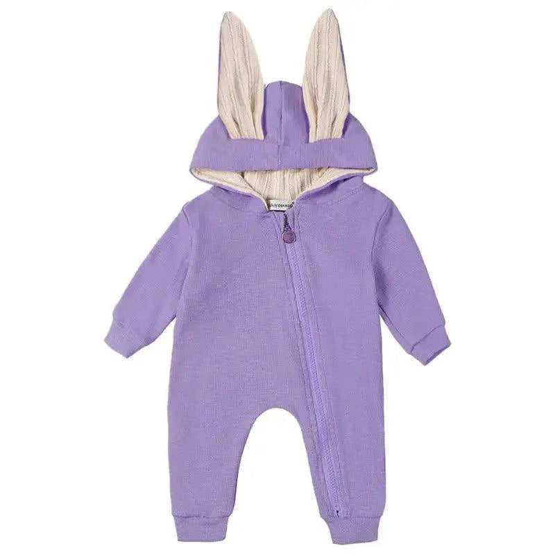 Pink Bunny Ear Baby Onesie by MANDOTOS featuring adorable bunny ear hood and soft fabric for comfortable baby wear.