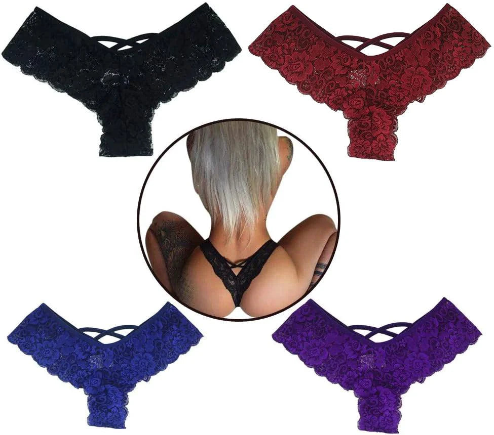 Set of four lace G-string panties for women by MANDOTOS, featuring stylish and comfortable designs.