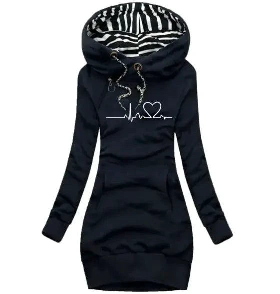 Mandotos chic hooded sweatshirt dress featuring a relaxed fit, soft fabric, and a stylish hood for casual comfort.