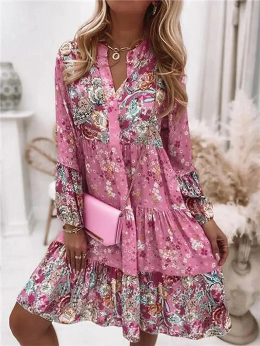 Chic Pleated Long Sleeve Dress - MANDOTOS