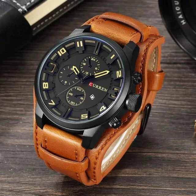 Mandotos Classic Gents Leather Watch with round dial and black leather strap, stylish men's wristwatch.