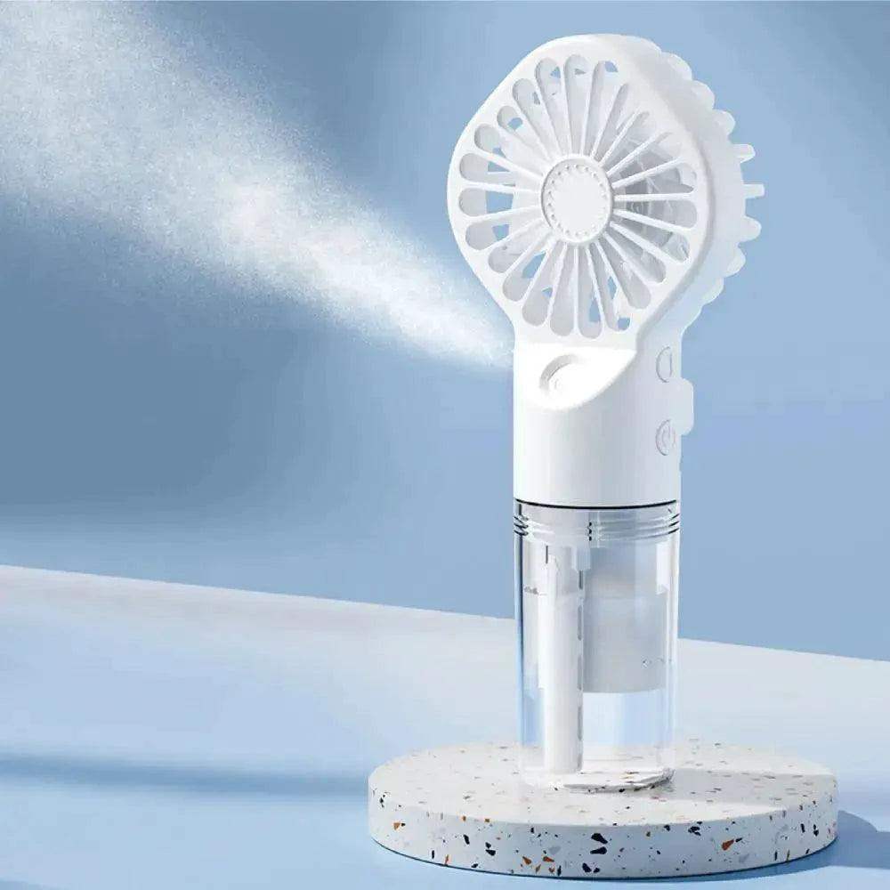 Mandotos compact hydrating mist fan with a sleek design, featuring water spray and fan blades for cooling and refreshing skin.