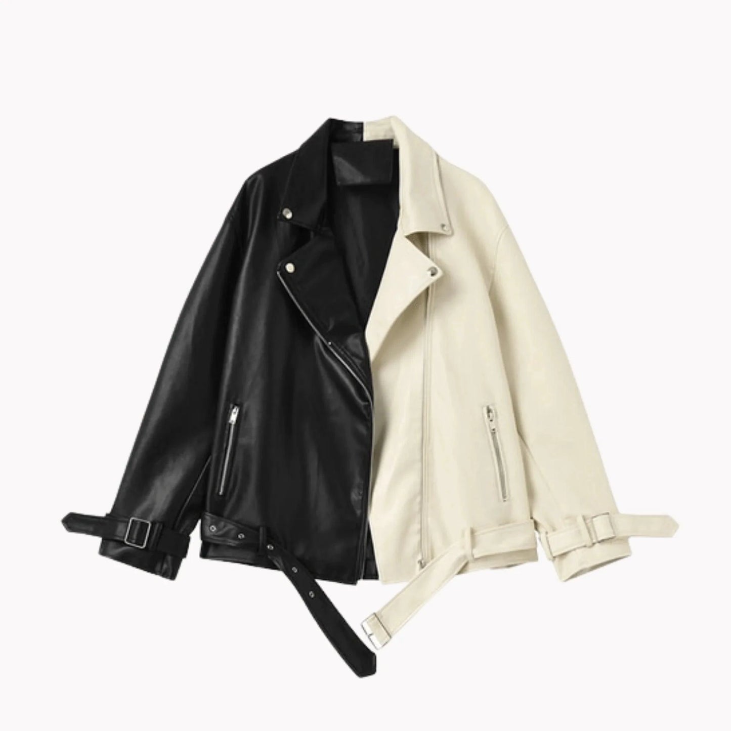 Mandotos contrast vegan leather jacket featuring a stylish, fitted design with a sleek black and white color scheme.
