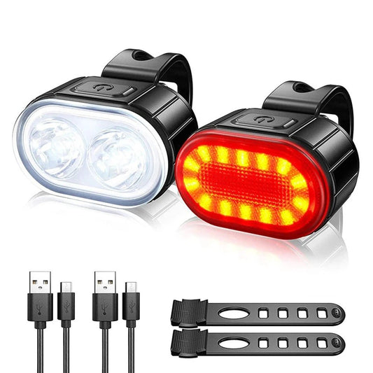 Mandotos cycling front and rear bike light set with USB charging, waterproof LED headlight and taillight for mountain biking.