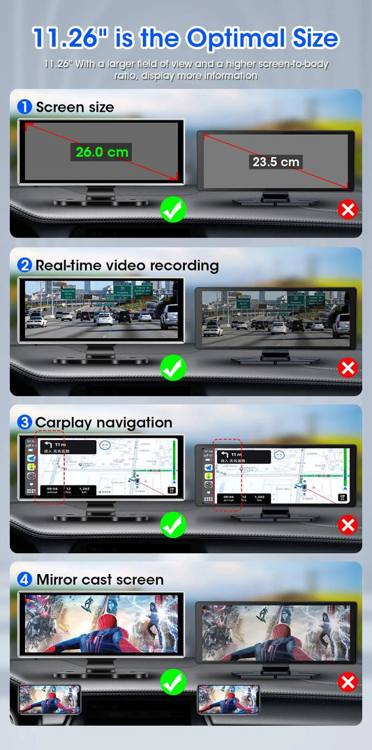 Mandotos 10.11.26-inch dash cam with 4K resolution and GPS, showing the front view with mounted camera and display screen.