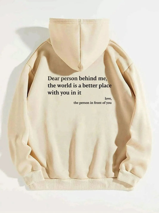Mandotos women's plush hoodie with printed message, kangaroo pocket, drawstring hood, and trendy unisex design.