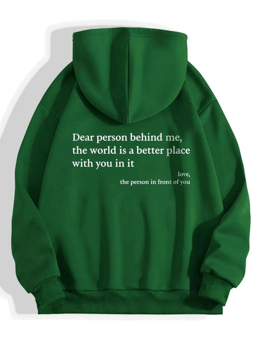 Mandotos women's plush hoodie with letter print, kangaroo pocket, drawstrings, unisex trendy design, featuring the heartfelt message.