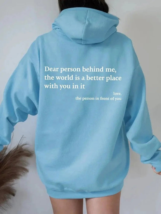 Mandotos women's plush hoodie with letter print, kangaroo pocket, drawstring hood, featuring heartfelt message, unisex trendy design.