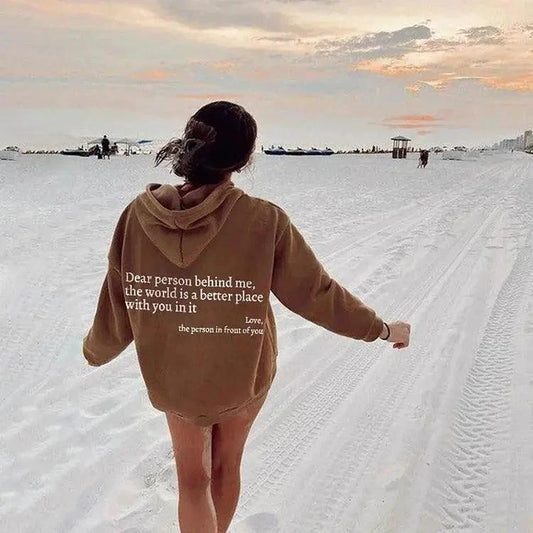 Mandotos women's plush hoodie with printed message, kangaroo pocket, drawstring hood, and trendy unisex design.