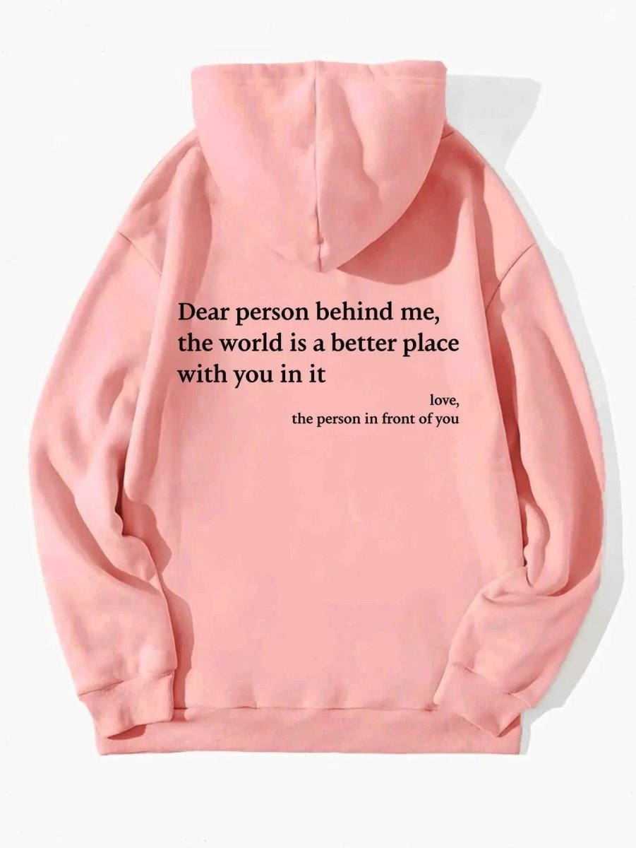 Women's plush hoodie with letter print, kangaroo pocket, drawstring hood, featuring heartfelt message, by MANDOTOS.
