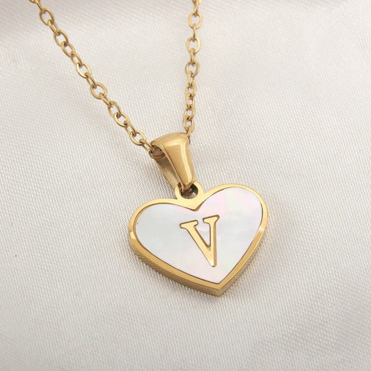26 Letter Heart-shaped Necklace White Shell Love Clavicle Chain Fashion Personalized Necklace For Women Jewelry Valentine's Day - MANDOTOS