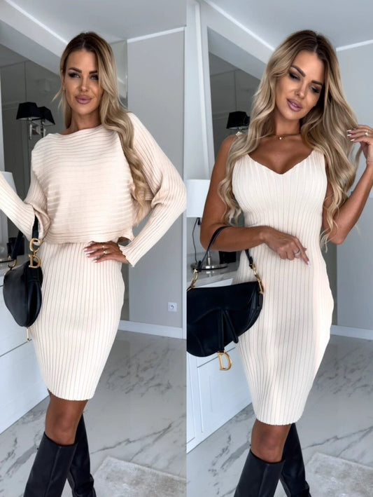 2pcs Suit Women's Solid Stripe Long-sleeved Top And Tight Suspender Skirt Fashion Autumn Winter Slim Clothing - MANDOTOS