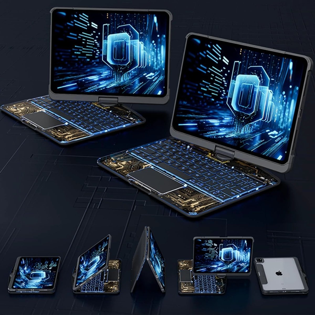 Mandotos 360 swivel clear iPad keyboard case with pen slot, Bluetooth-compatible smart trackpad cover for iPad accessories.