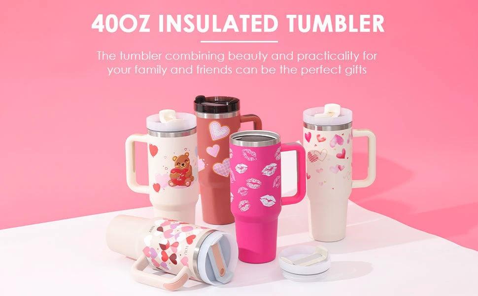 40 Oz Tumbler With Handle Straw Insulated, Stainless Steel Spill Proof Vacuum Coffee Cup Tumbler With Lid Tapered Mug Gifts For Valentine Lover Suitable For Car Gym Office Travel - MANDOTOS