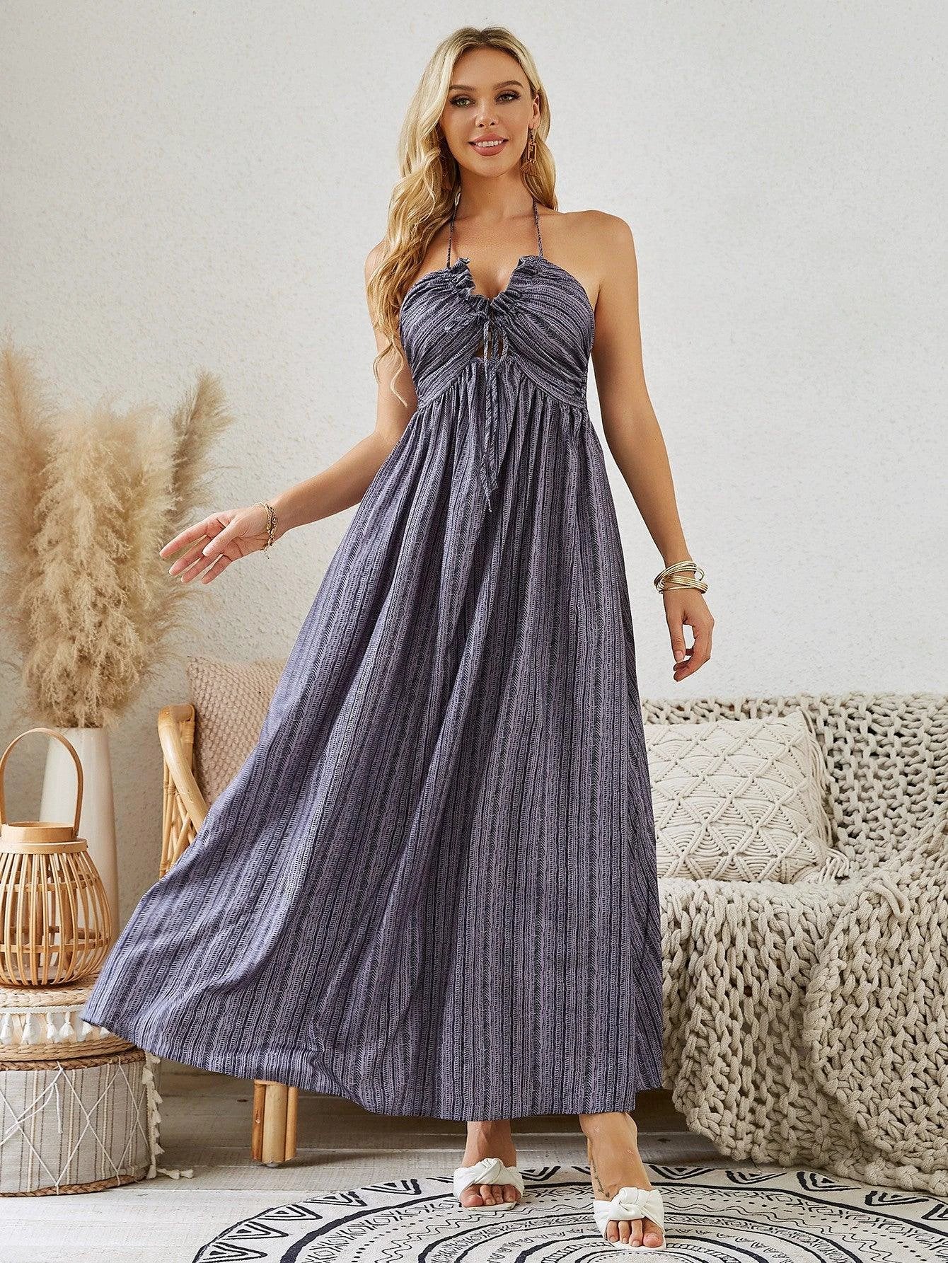 Mandotos women's bohemian halter maxi dress with sleeveless, flowy design perfect for summer beachwear.