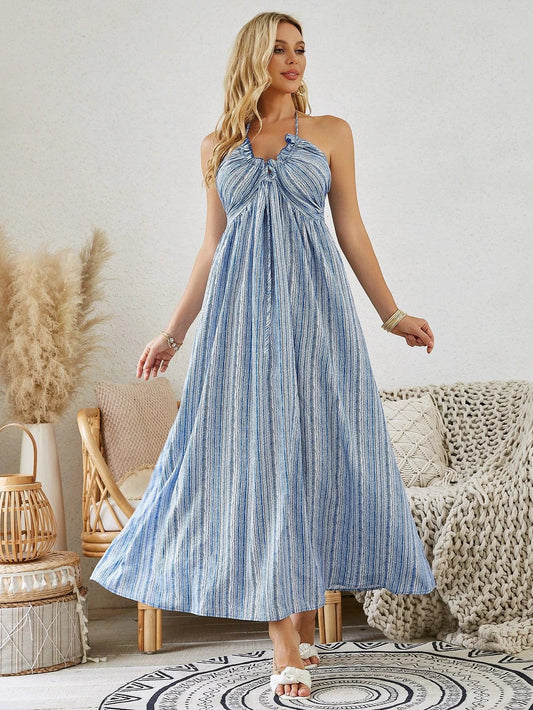 Bohemian Halter Maxi Dress - Women's Summer Sleeveless Flowy Beach Dress - MANDOTOS