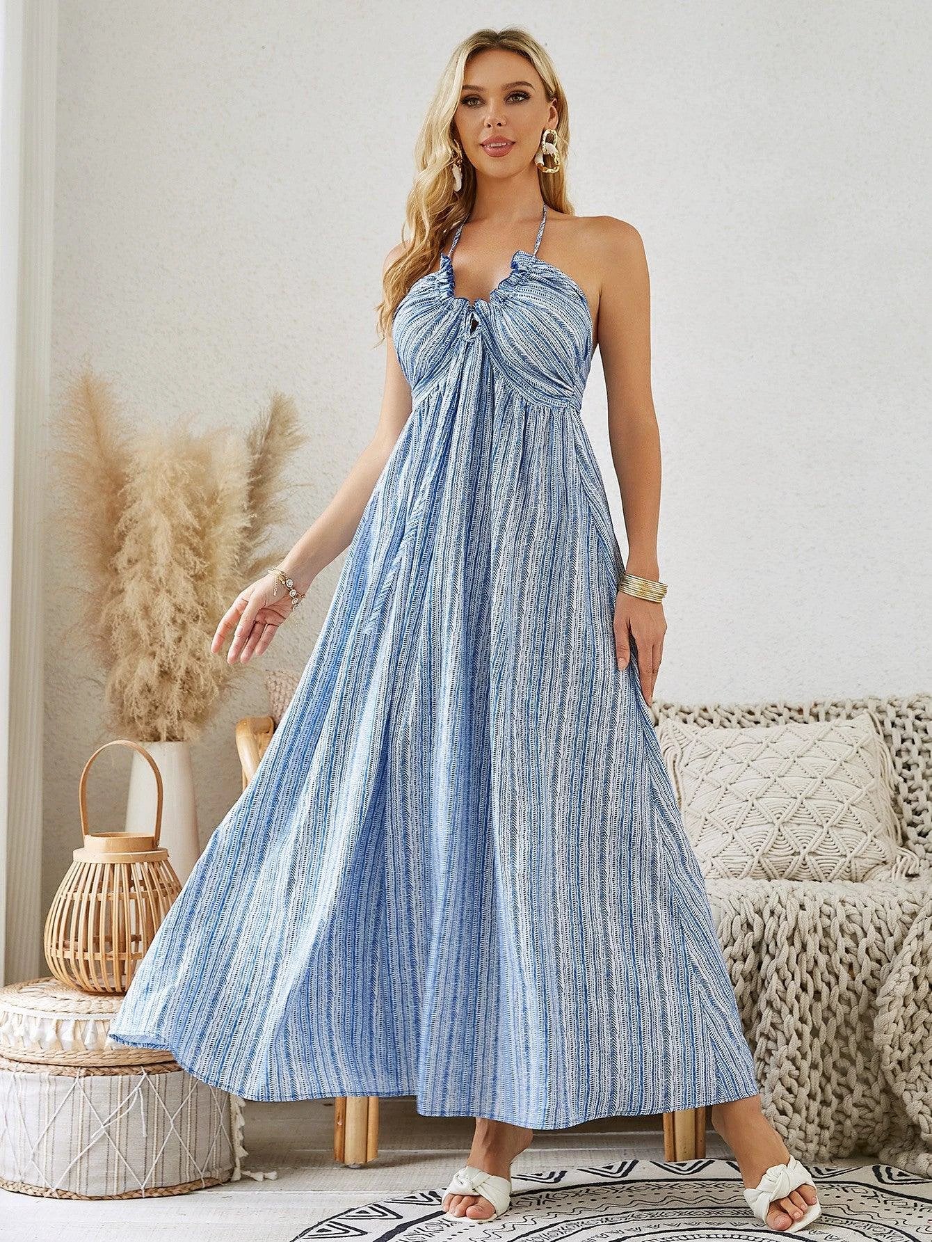 Mandotos bohemian halter maxi dress for women, sleeveless and flowy, perfect for summer beachwear.