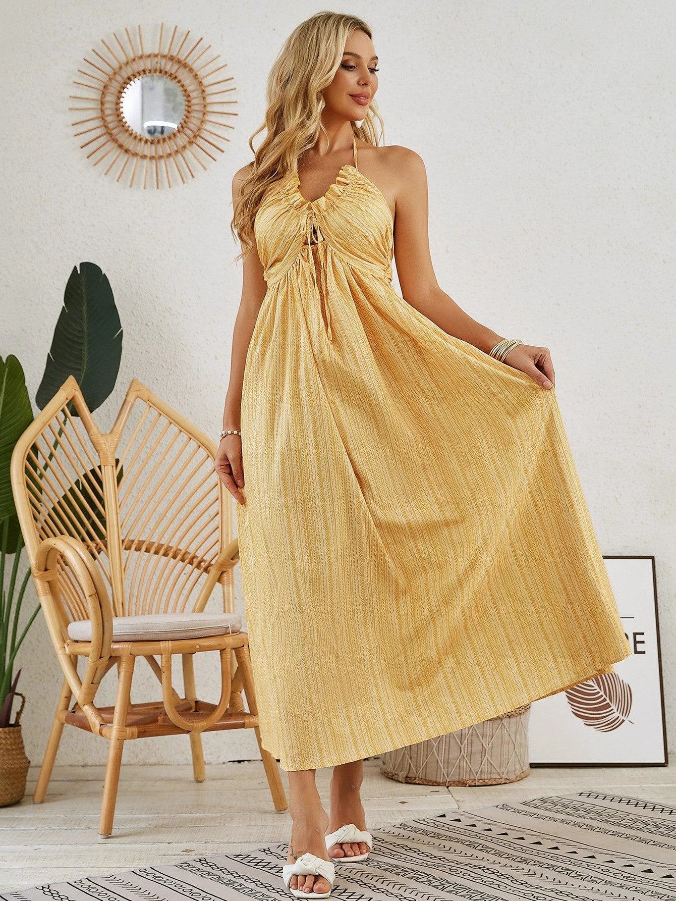 Mandotos bohemian halter maxi dress for women, sleeveless and flowy, perfect for summer beachwear and casual outings.