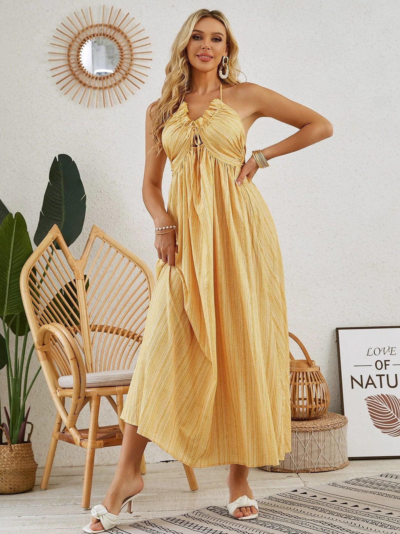 Mandotos women's bohemian halter maxi dress, sleeveless and flowy, perfect for summer beachwear.