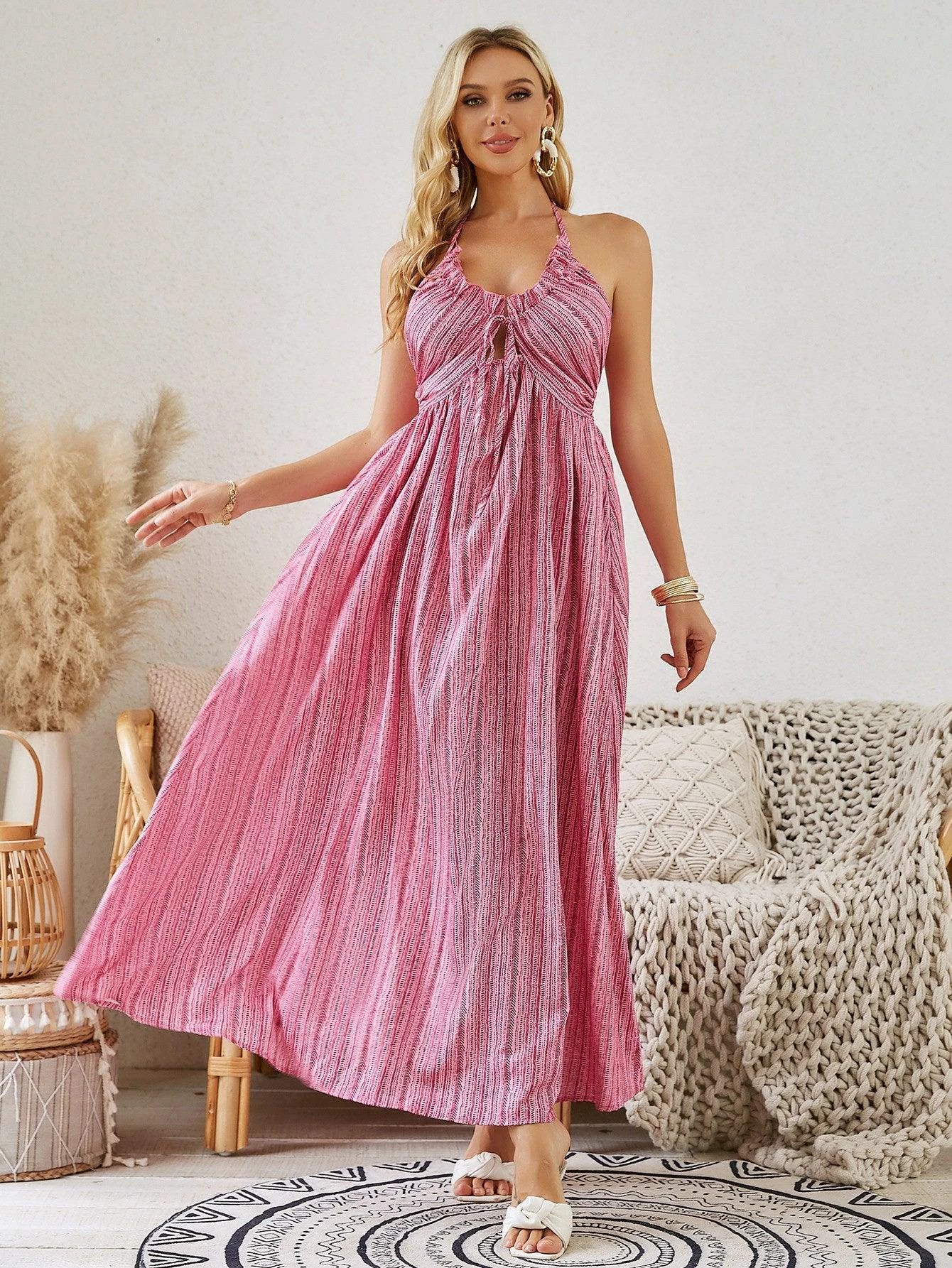 Mandotos women's bohemian halter maxi dress, sleeveless and flowy, perfect for summer beachwear and casual outdoor outings.