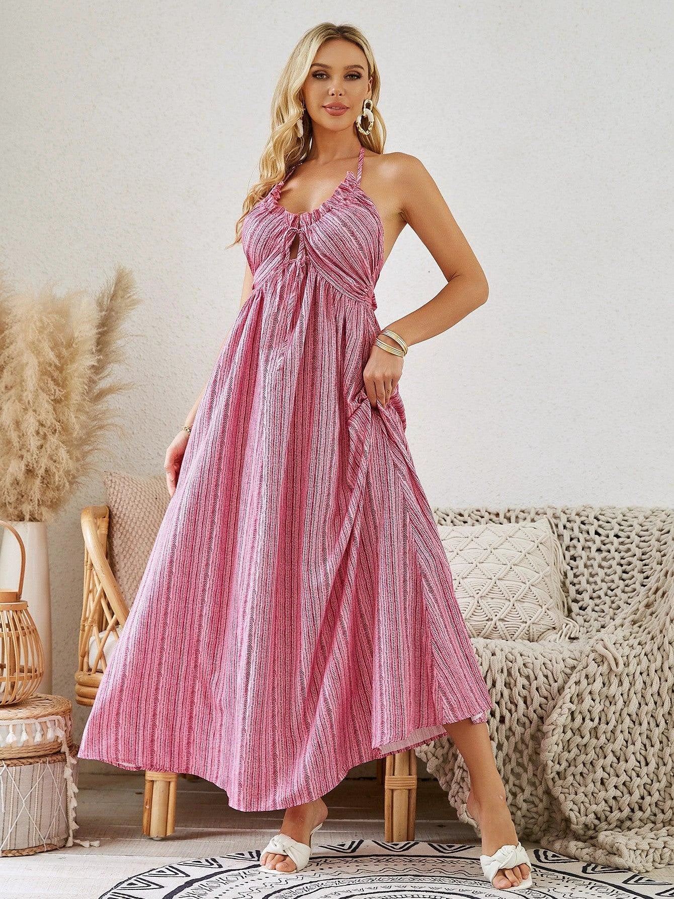 Mandotos bohemian halter maxi dress for women, sleeveless and flowy beach dress perfect for summer.