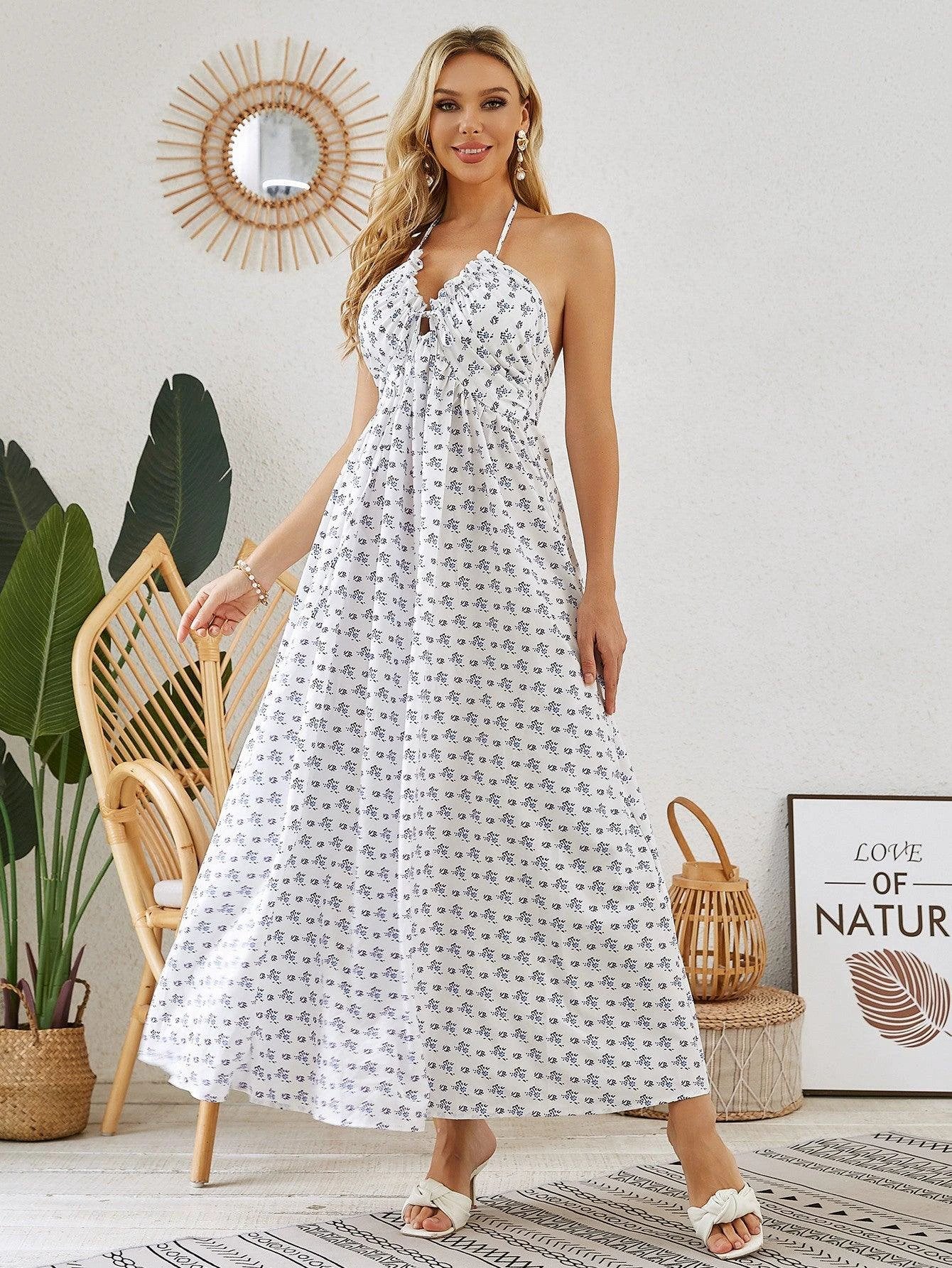 Mandotos bohemian halter maxi dress for women, sleeveless and flowy, ideal for summer beachwear with a relaxed boho style.