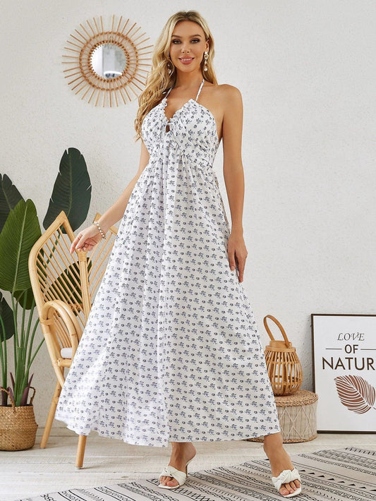 Bohemian Halter Maxi Dress - Women's Summer Sleeveless Flowy Beach Dress - MANDOTOS