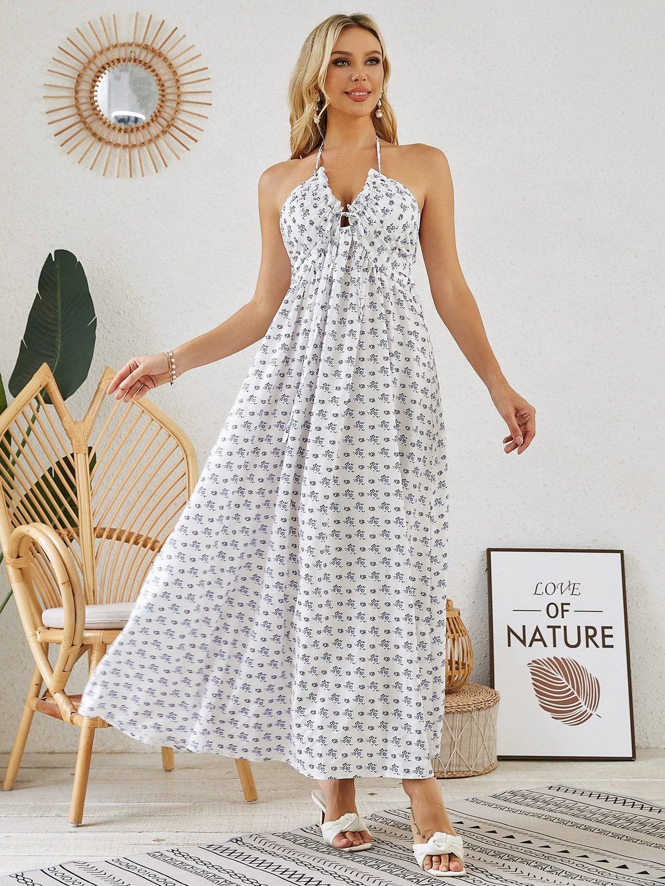 Mandotos bohemian halter maxi dress for women, sleeveless and flowy, perfect for summer beachwear and casual outdoor occasions.