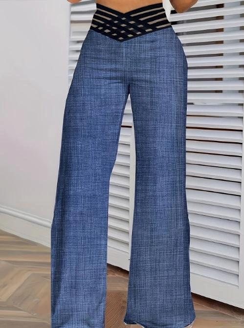 Girls' solid color hollow high waist slimming fashion versatile home pants by MANDOTOS, stylish and comfortable for everyday wear.