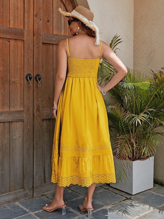 Women's Cotton Maxi Dress - Breathable Summer Dress With Embroidered Hem, Elastic Waist, And French Romantic Style - MANDOTOS