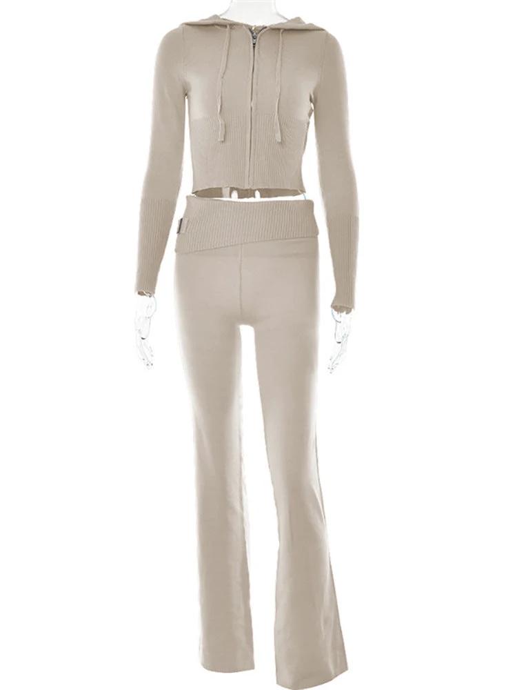 Mandotos women's hoodie suit set with zip-up long sleeve sweater and high-waist long pants, casual leisure wear.