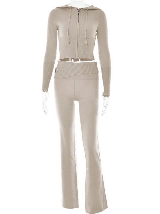 Hoodie Suit Women Leisure Sexy Zip Long Sleeve Sweater And High Waist Long Pants Set - MANDOTOS
