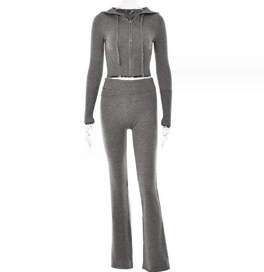 Hoodie Suit Women Leisure Sexy Zip Long Sleeve Sweater And High Waist Long Pants Set - MANDOTOS