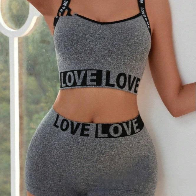 Mandotos women's love letter waist head camisole paired with matching boyshorts, featuring a comfortable, stylish design.