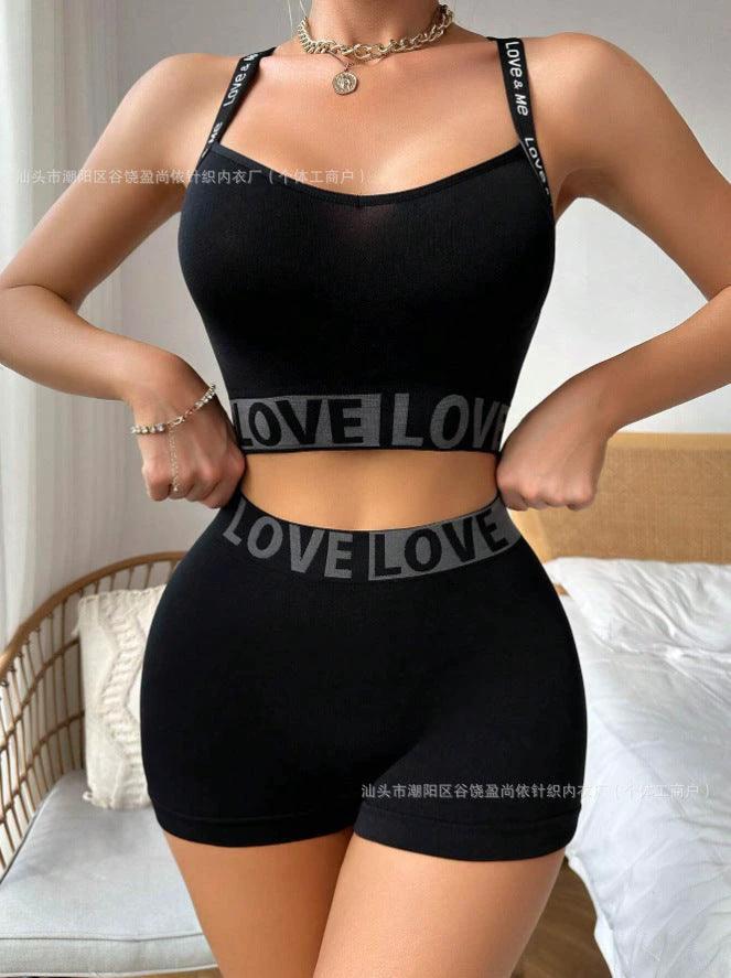 Mandotos women's love letter waist head camisole paired with matching boyshorts, stylish and comfortable sleepwear set.