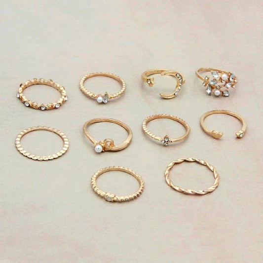 Mandotos Bohemian Star Moon Pearl Leaf 10-Piece Ring Set With Gold Finish And Stackable Designs - MANDOTOS