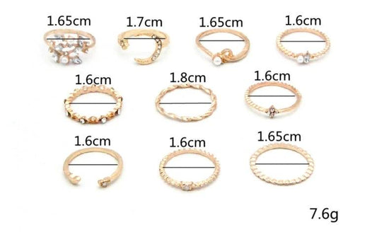 Mandotos Bohemian Star Moon Pearl Leaf 10-Piece Ring Set With Gold Finish And Stackable Designs - MANDOTOS