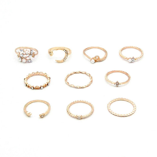 Mandotos Bohemian Star Moon Pearl Leaf 10-Piece Ring Set With Gold Finish And Stackable Designs - MANDOTOS